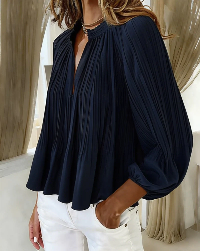 V-Neck Pleated Solid Blouse - Image 2