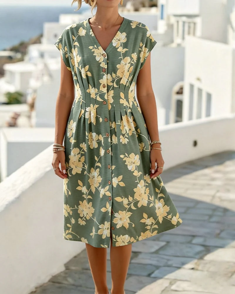 V-Neck Print Cinched Waist Button-Front Dress - Image 2
