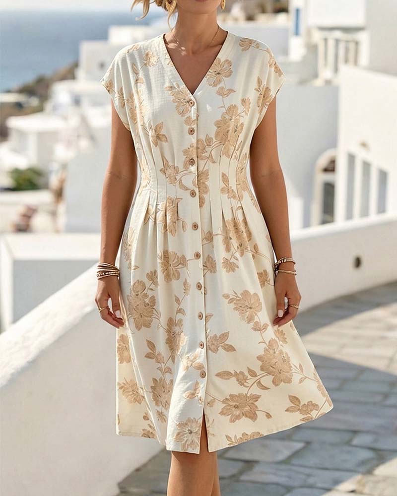 V-Neck Print Cinched Waist Button-Front Dress - Image 8