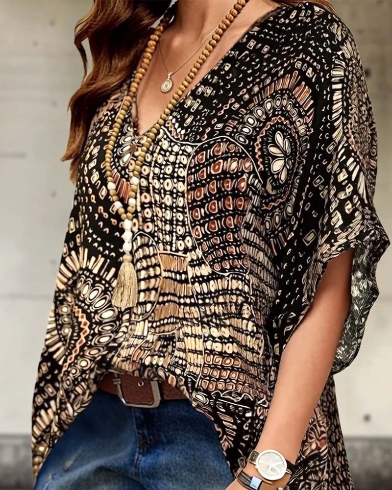 V-Neck Printed Batwing Blouse - Image 5