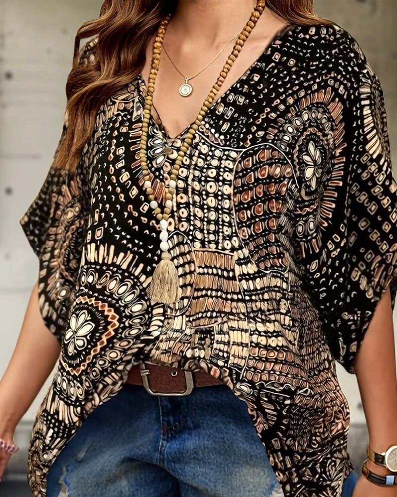 V-Neck Printed Batwing Blouse - Image 7