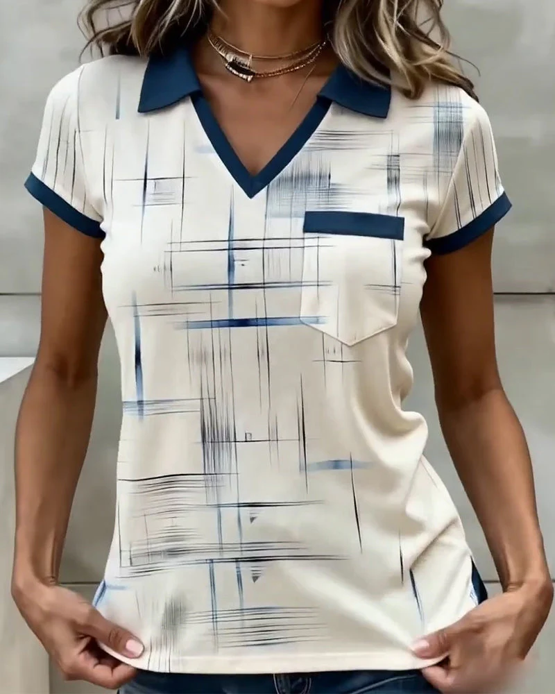 V-Neck Printed Color-Blocked Top - Image 2
