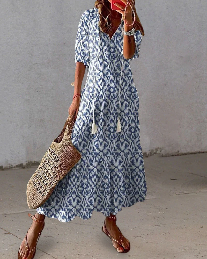 V-neck printed half-sleeved long dress - Image 11