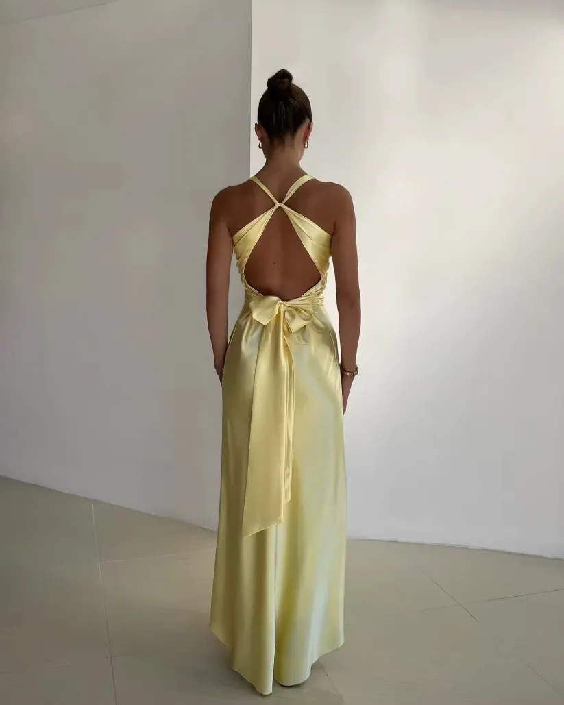 V-Neck Satin Bow Backless Maxi Dress - Image 3