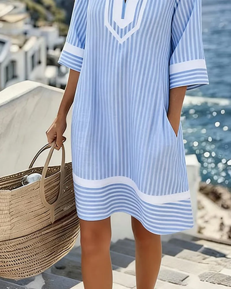 V-Neck Short Sleeve Striped Dress - Image 2