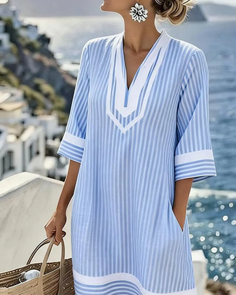 V-Neck Short Sleeve Striped Dress - Image 3