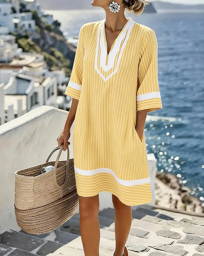 V-Neck Short Sleeve Striped Dress - Image 4