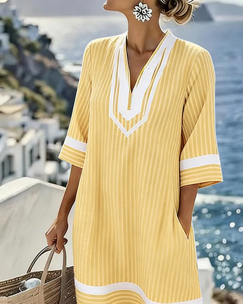 V-Neck Short Sleeve Striped Dress - Image 5
