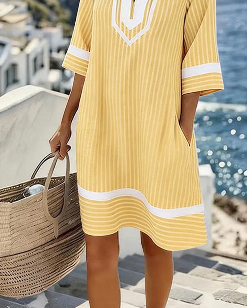 V-Neck Short Sleeve Striped Dress - Image 6