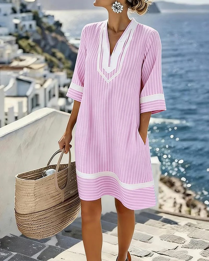 V-Neck Short Sleeve Striped Dress - Image 7