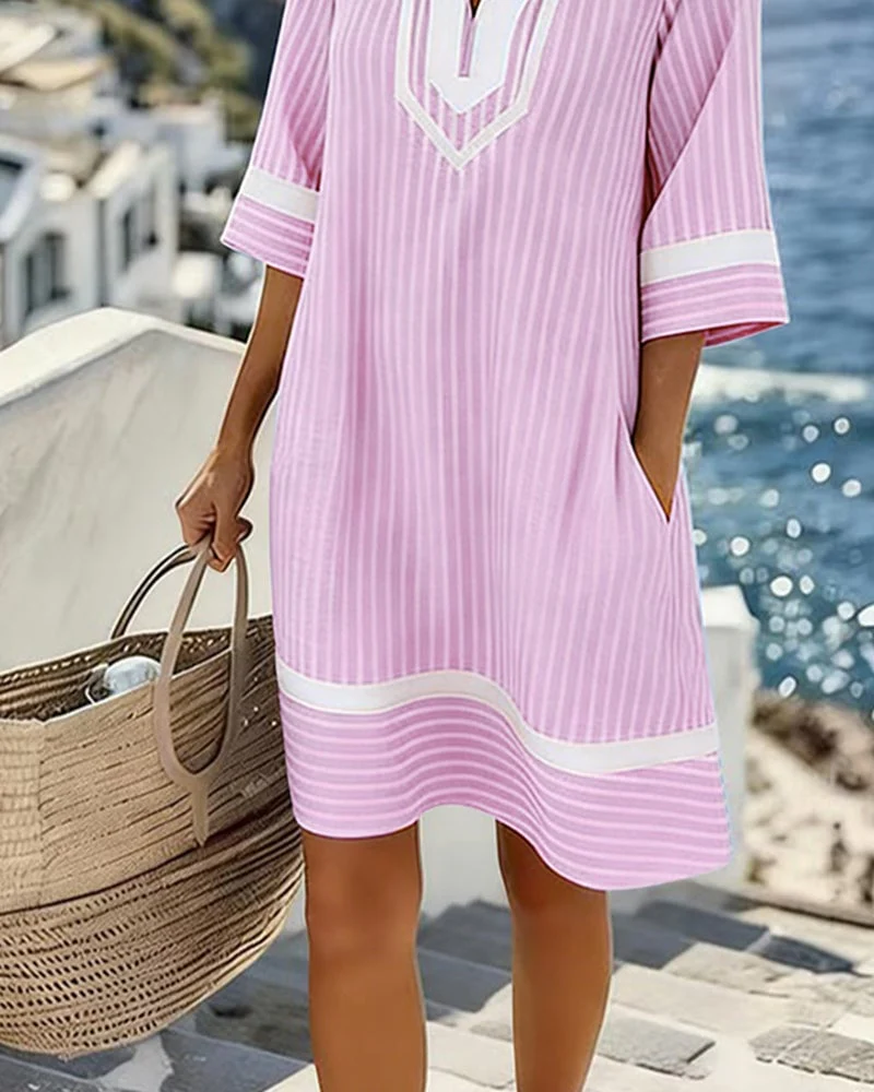 V-Neck Short Sleeve Striped Dress - Image 8