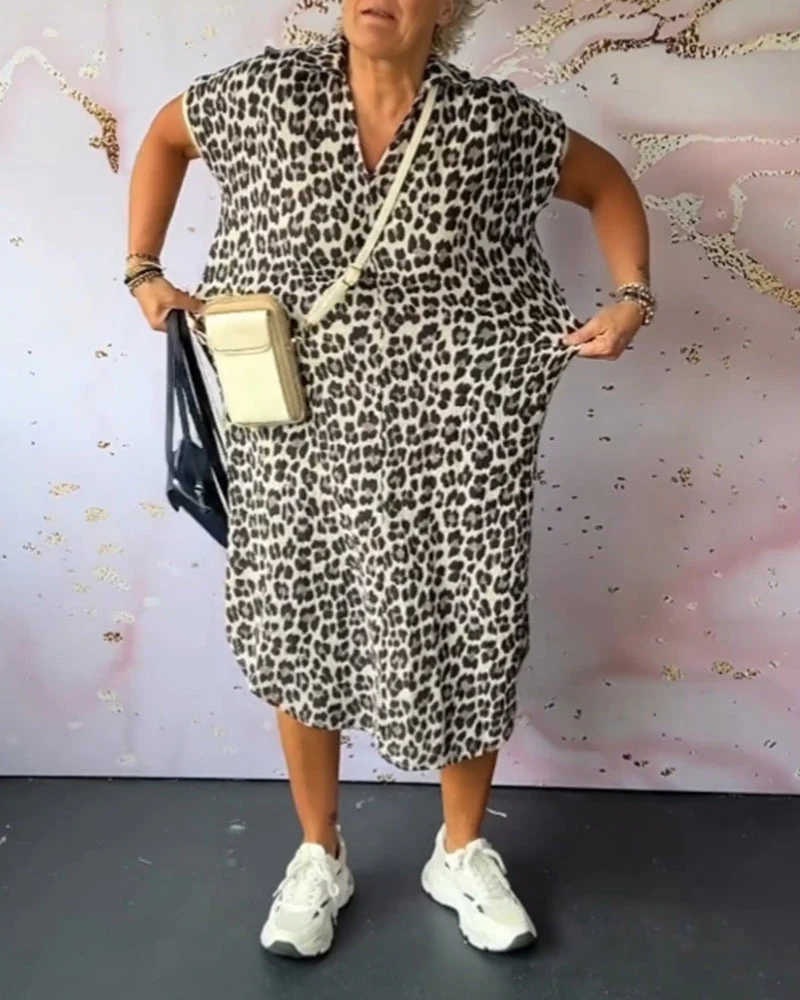 V-neck short-sleeved leopard print dress - Image 14