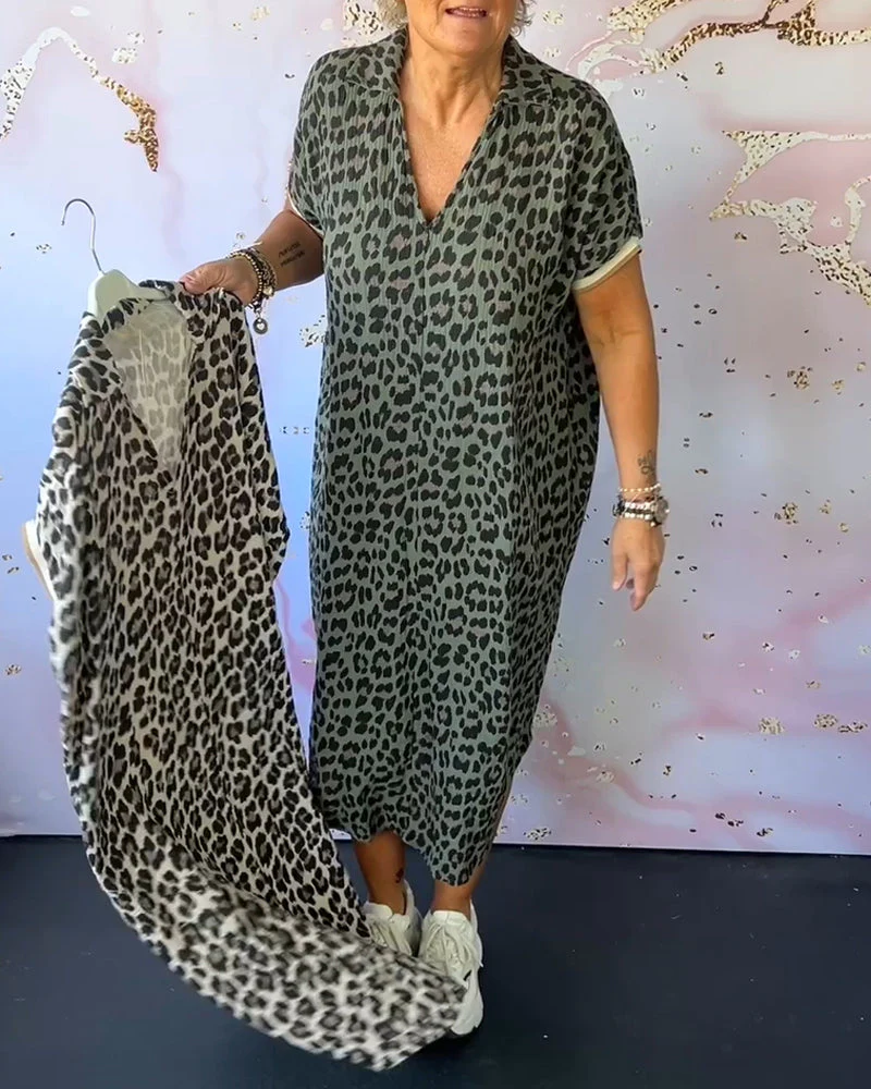 V-neck short-sleeved leopard print dress - Image 16