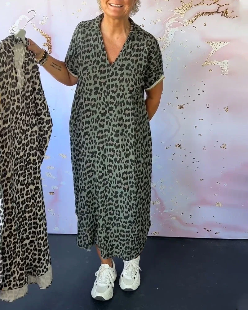 V-neck short-sleeved leopard print dress - Image 5