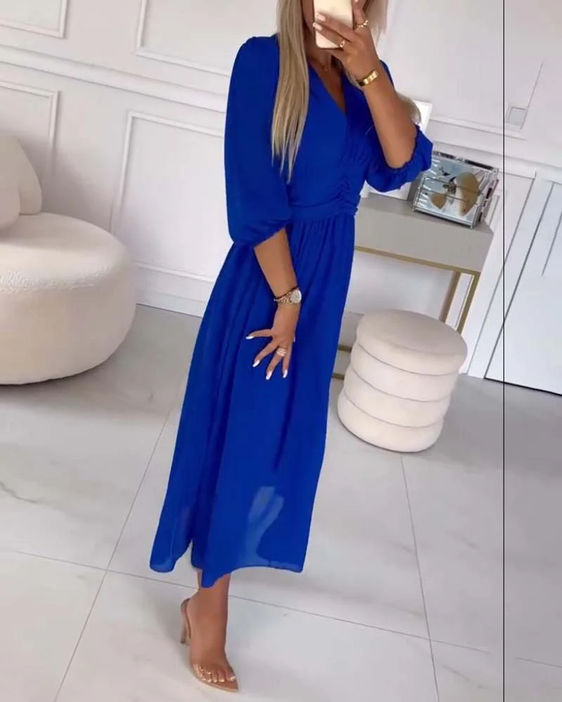 V-Neck Solid Color Waist Dress - Image 12