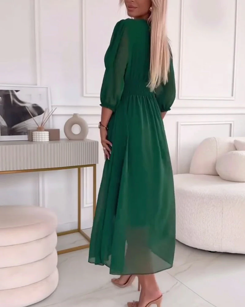 V-Neck Solid Color Waist Dress - Image 4