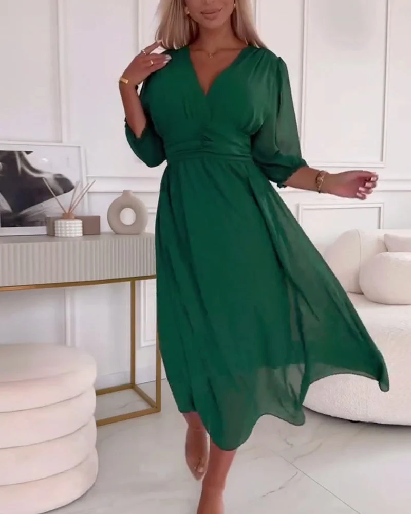 V-Neck Solid Color Waist Dress - Image 5