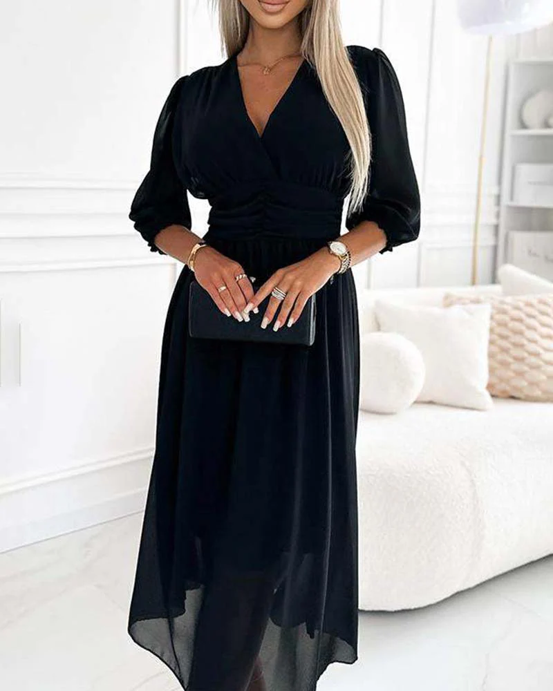 V-Neck Solid Color Waist Dress - Image 7