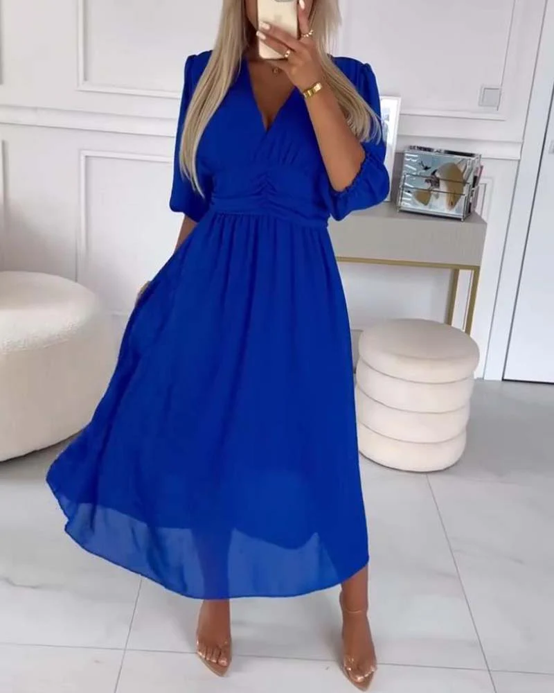 V-Neck Solid Color Waist Dress - Image 25