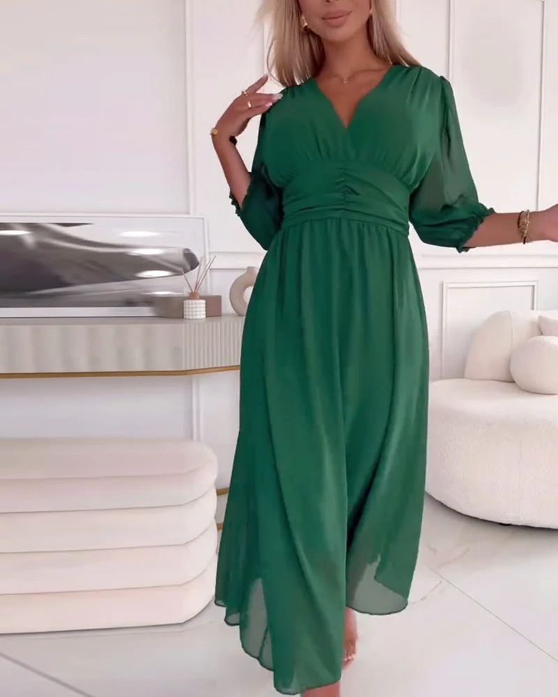 V-Neck Solid Color Waist Dress - Image 40