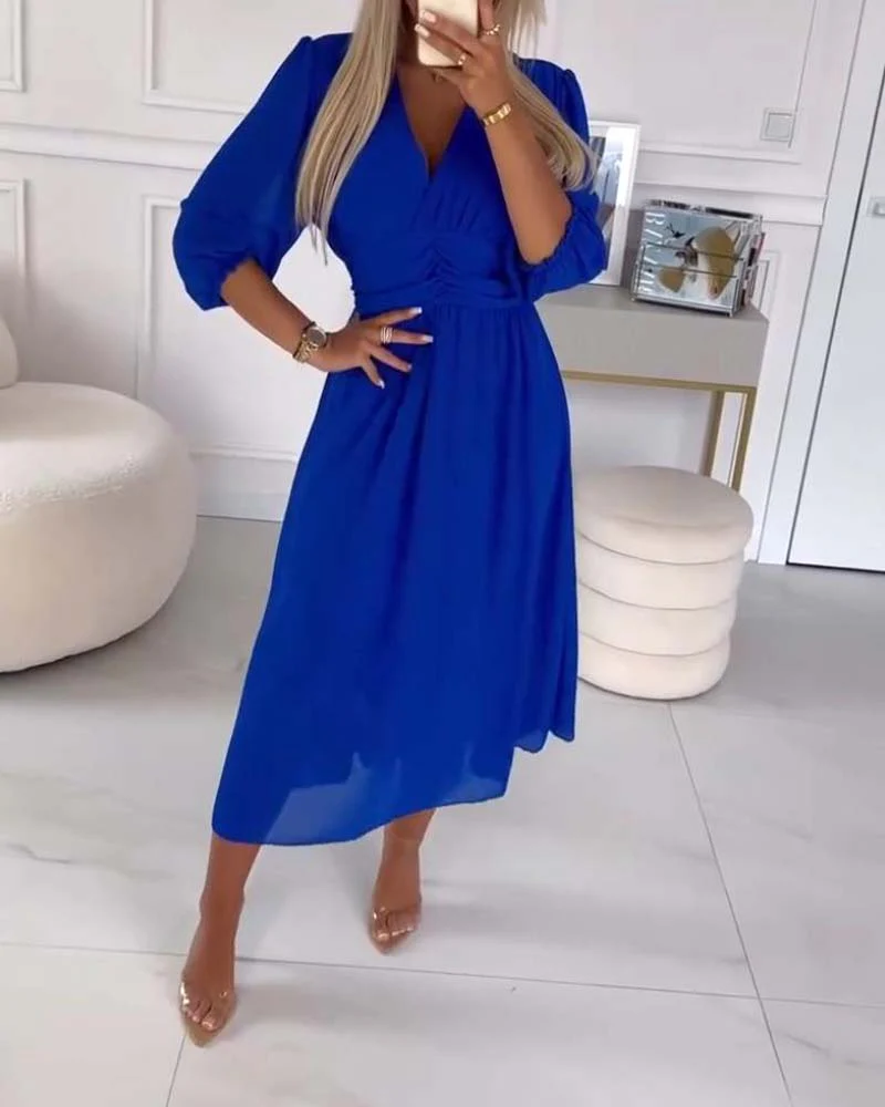 V-Neck Solid Color Waist Dress - Image 43
