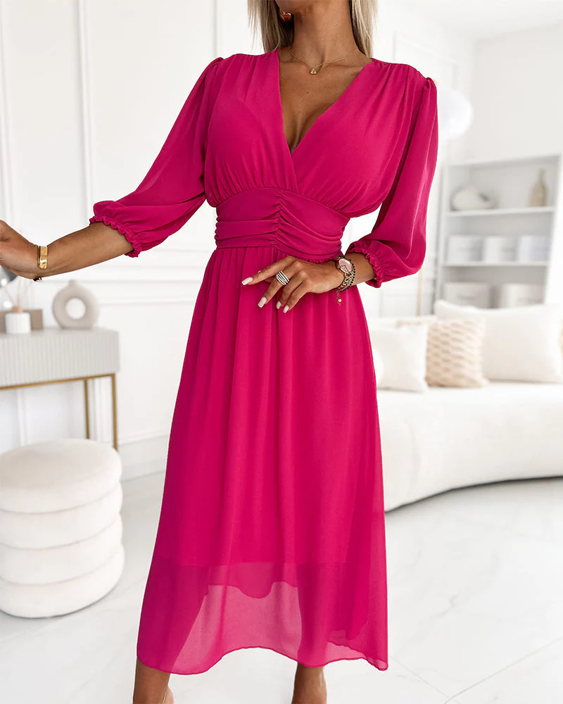 V-Neck Solid Color Waist Dress - Image 50