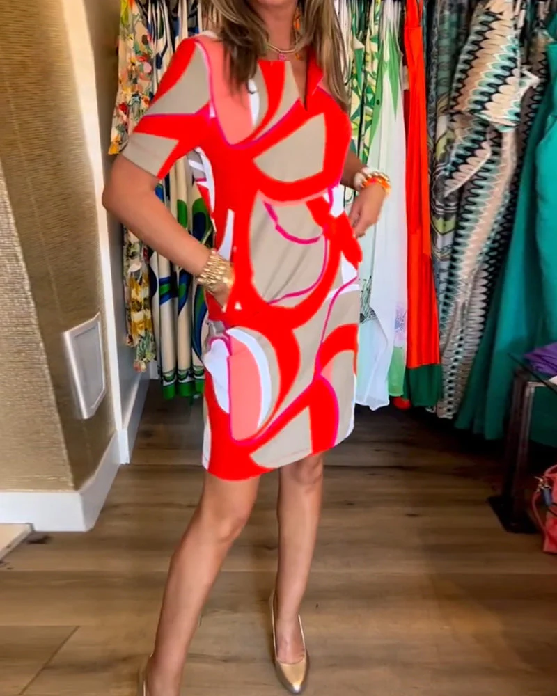 V-Neck Straight Printed Dress - Image 3