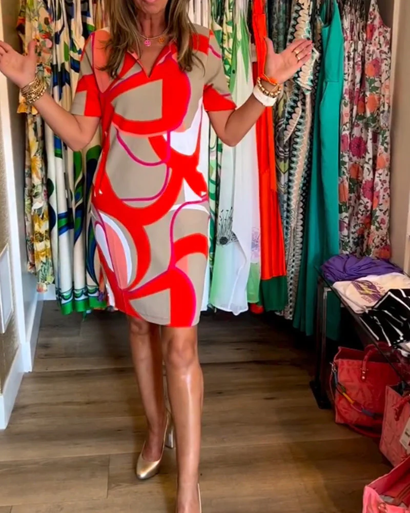 V-Neck Straight Printed Dress - Image 40