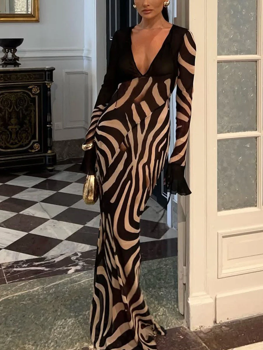 V-Neck Zebra Print Party Dress - Image 3