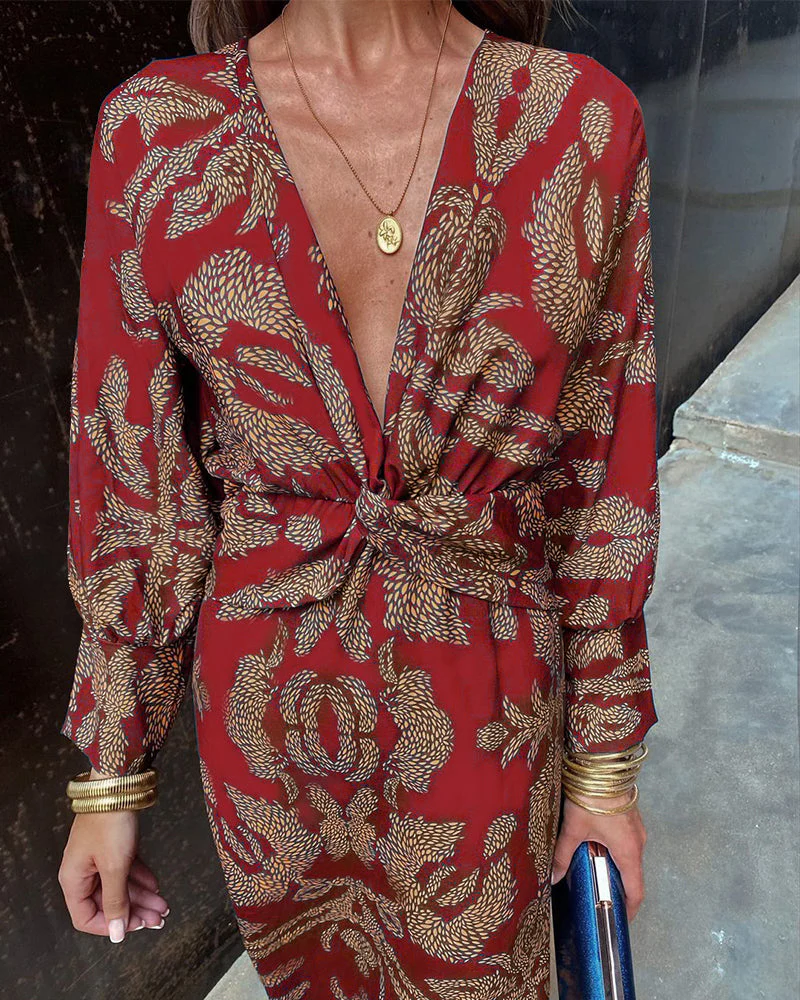 Vintage printed V-neck long-sleeve elegant dress - Image 25