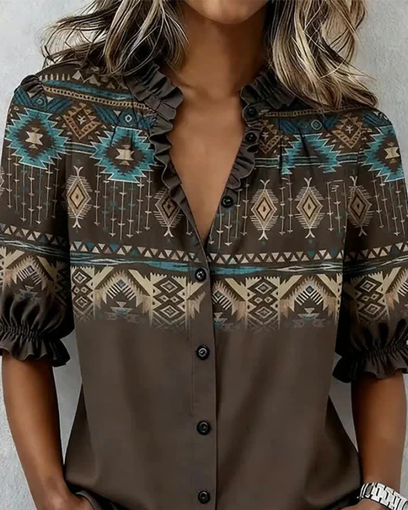 Western Style Printed Ruffle Short-Sleeve Blouse - Image 2