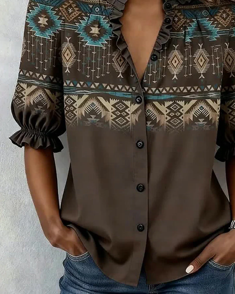Western Style Printed Ruffle Short-Sleeve Blouse - Image 3
