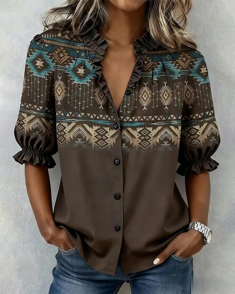Western Style Printed Ruffle Short-Sleeve Blouse - Image 4
