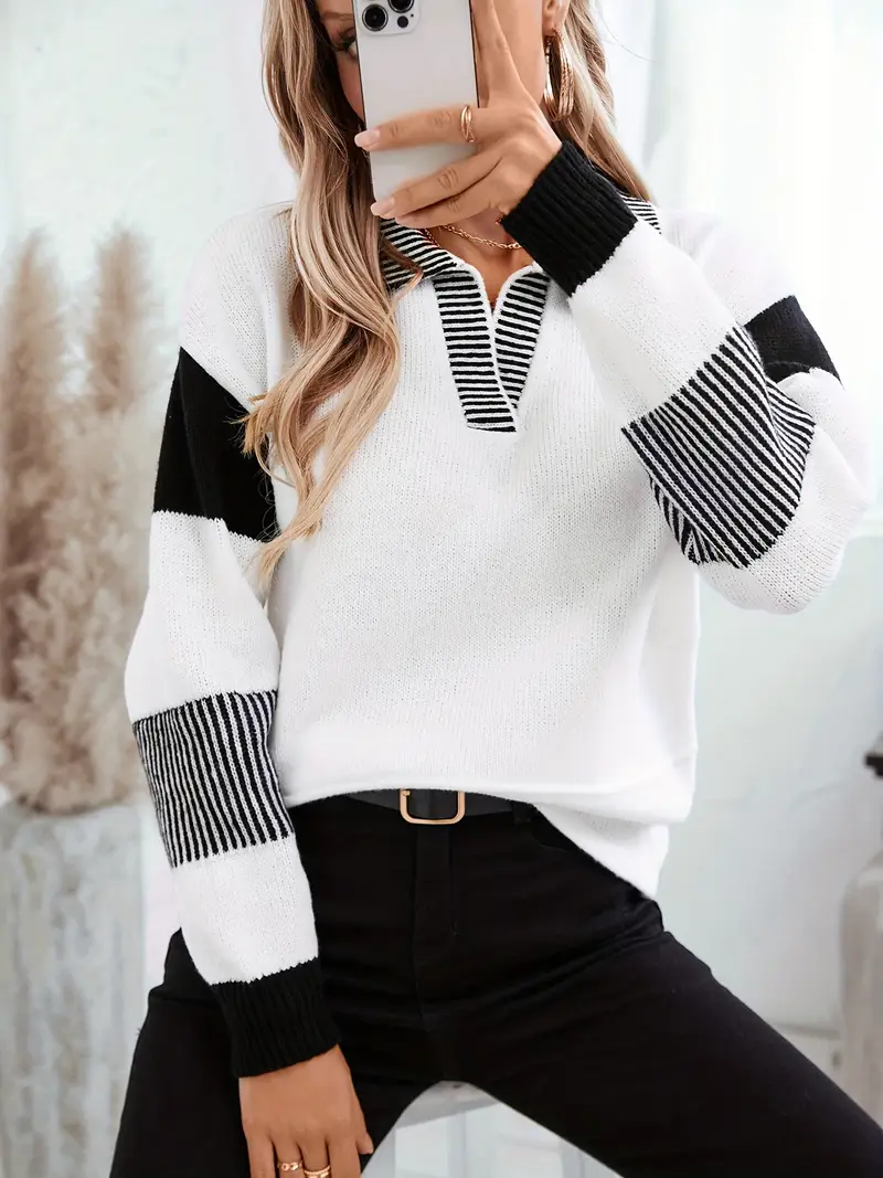 Women's Casual Knit Sweater with Color Block Stripes and Lapel Collar - Image 15