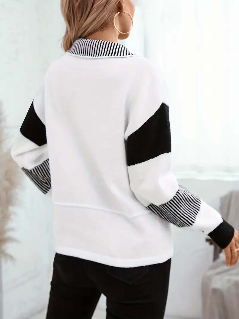 Women's Casual Knit Sweater with Color Block Stripes and Lapel Collar - Image 3