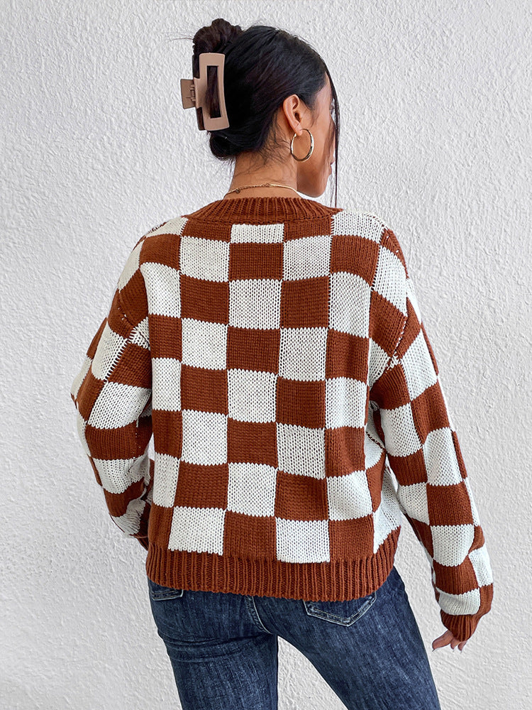 Women's Checkered Crew Neck Long Sleeve Sweater - Image 5