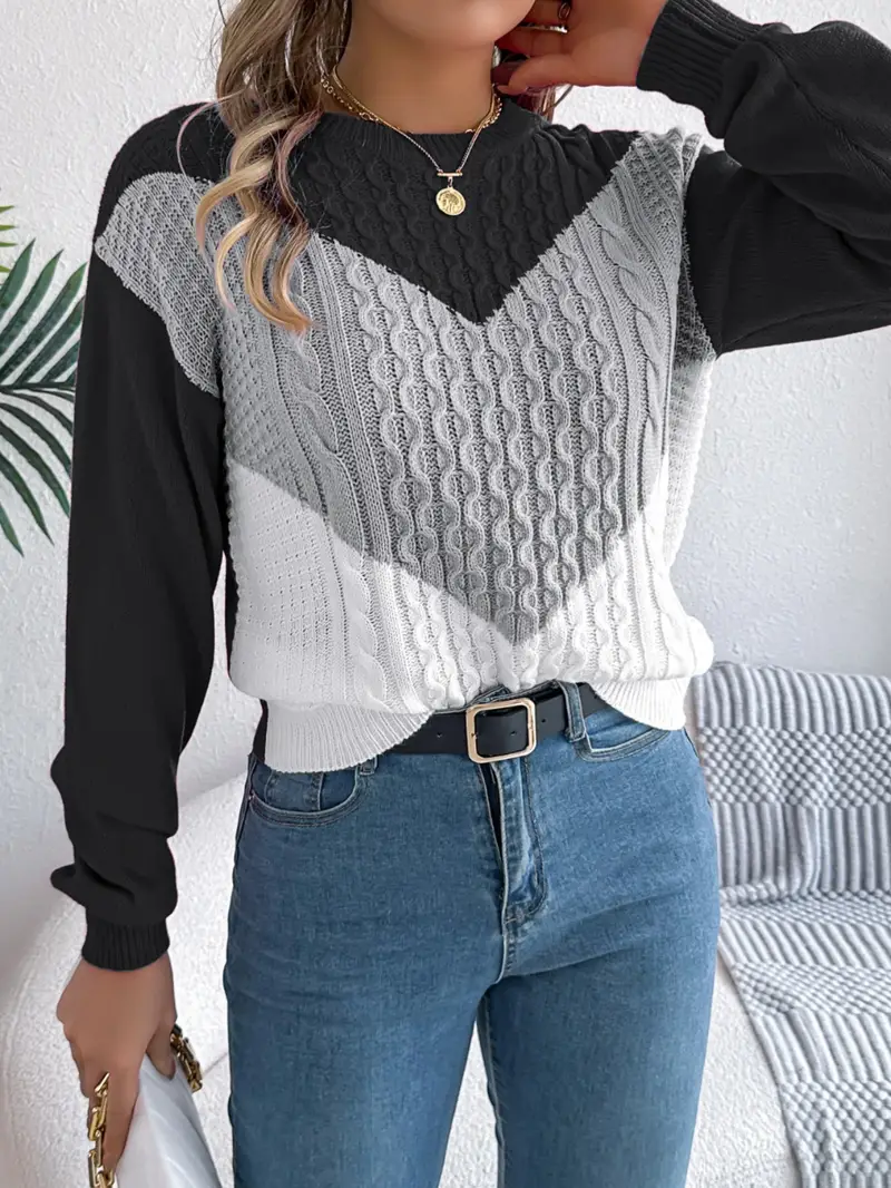 Women's Elegant Color Block Crew Neck Sweater - Image 11
