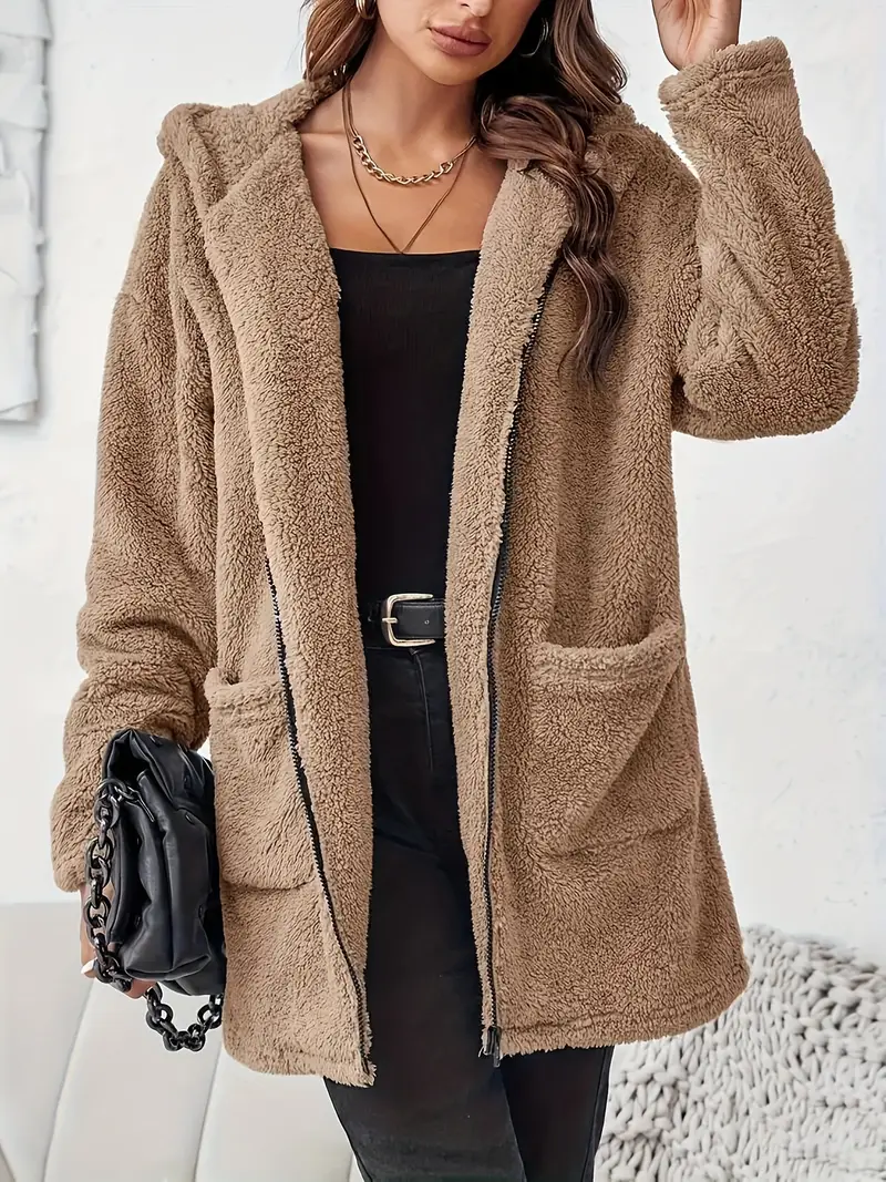 Women's Elegant Zipper Patch Pocket Long Sleeve Plush Hooded Coat - Image 3