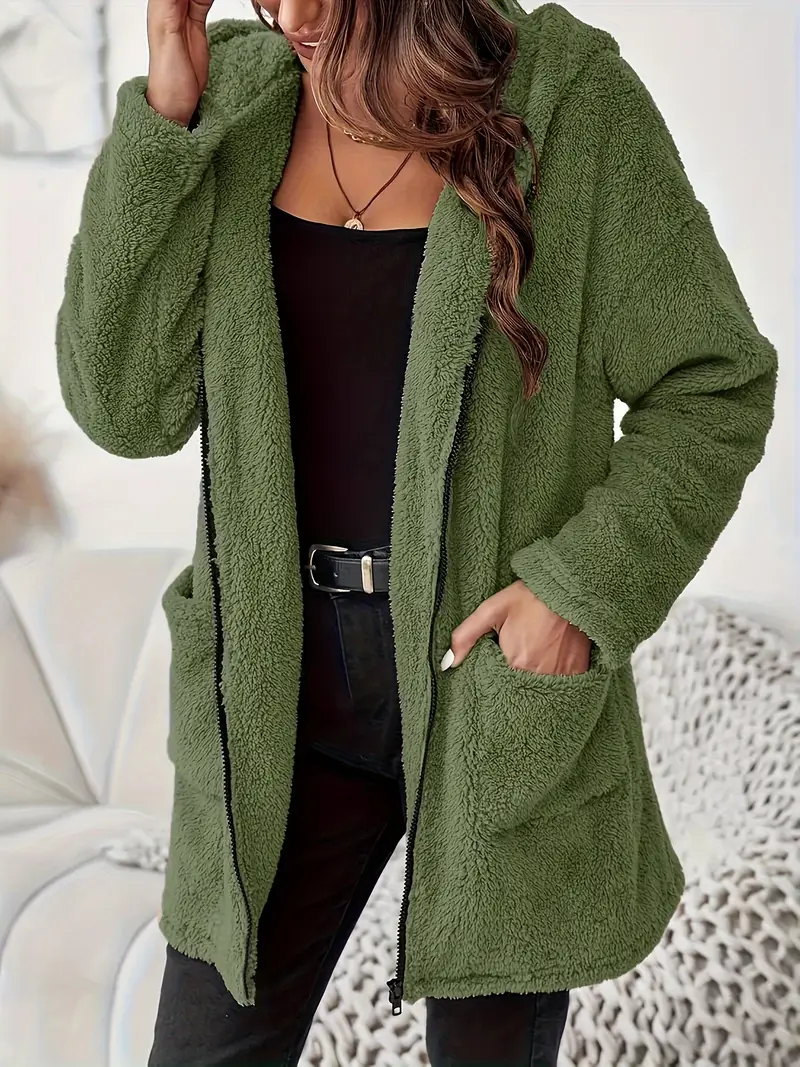 Women's Elegant Zipper Patch Pocket Long Sleeve Plush Hooded Coat - Image 8