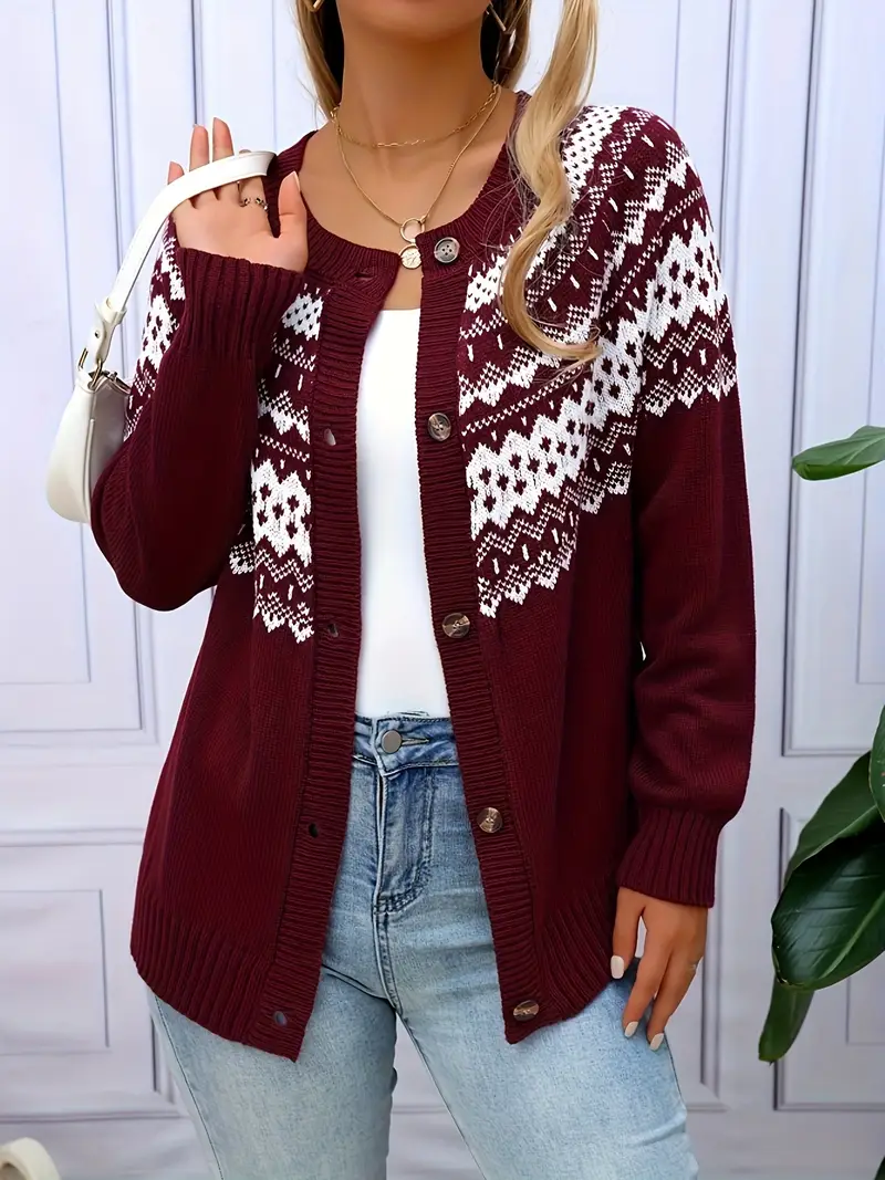 Women's Geometric-Patterned Acrylic Knit Cardigan - Image 14
