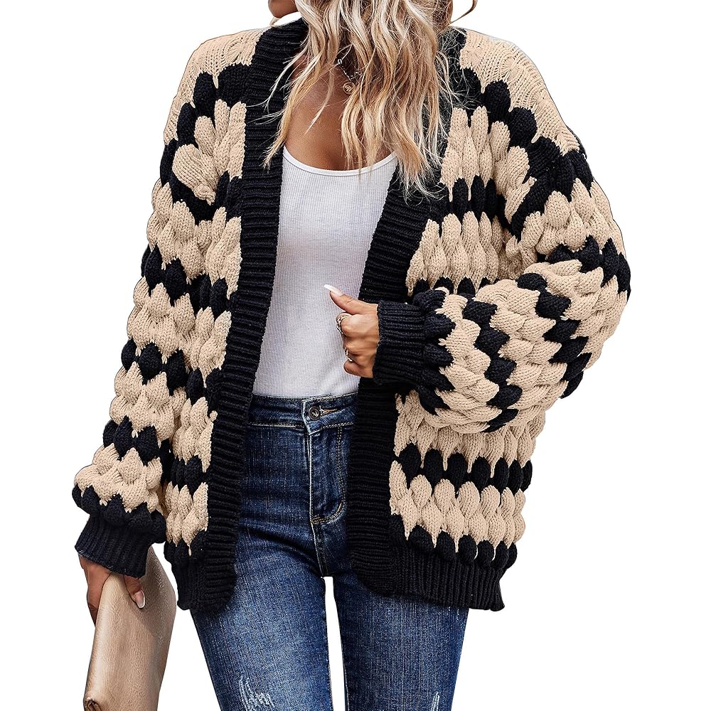 Women's Lantern Sleeve Open Front Striped Color Cardigan - Image 7