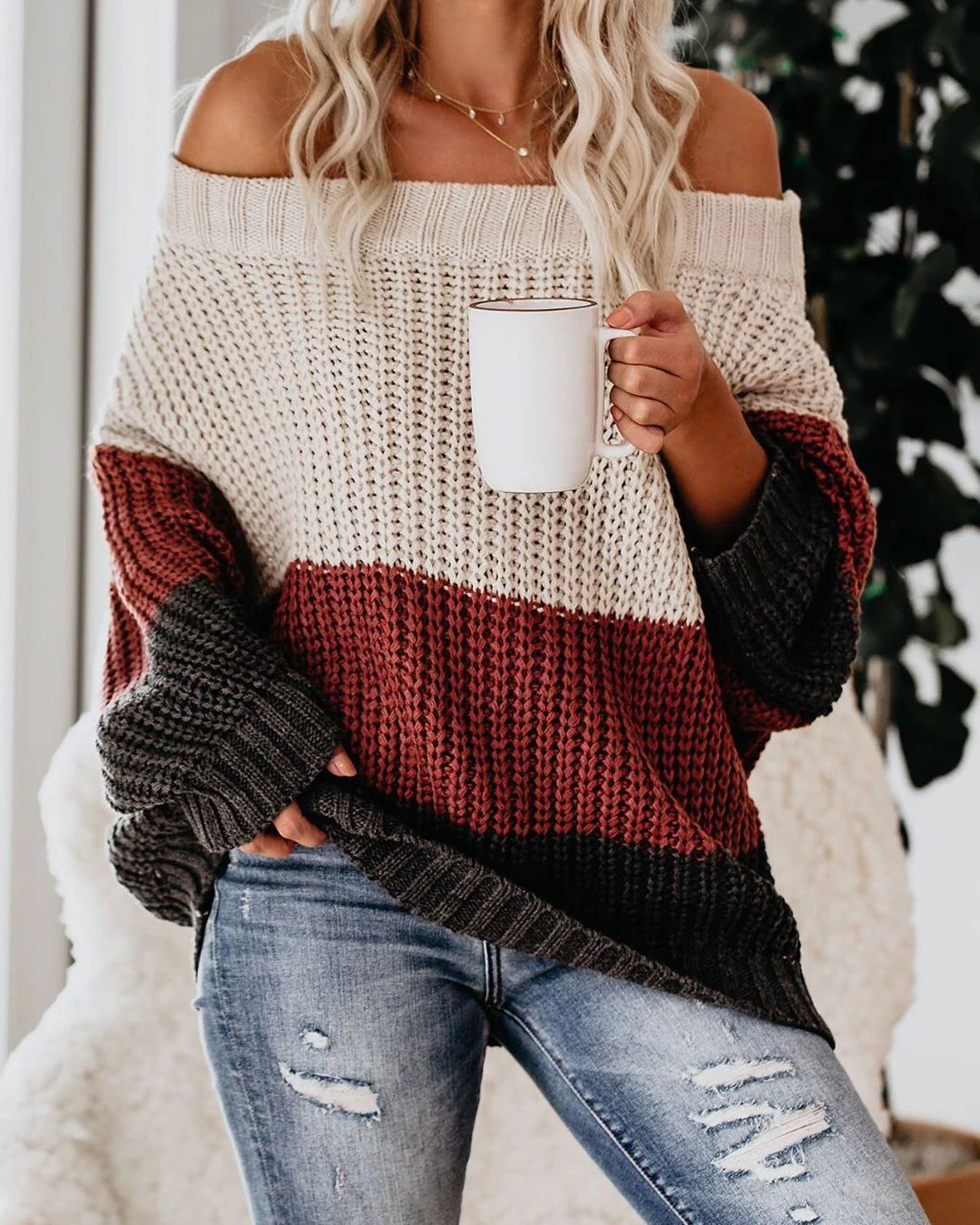 Women's Off Shoulder Casual Long Sleeve Sweater - Image 9