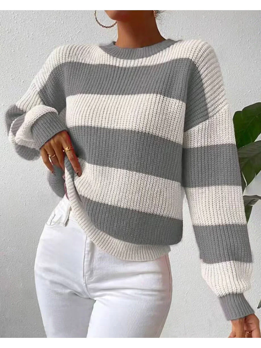Women's Striped Long Sleeve Crew Neck Sweater - Image 10