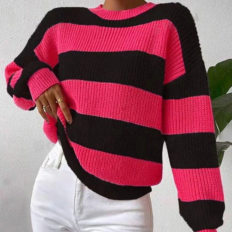 Women's Striped Long Sleeve Crew Neck Sweater - Image 11