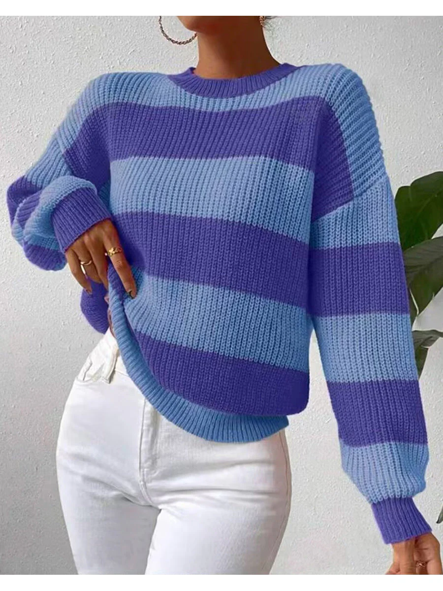 Women's Striped Long Sleeve Crew Neck Sweater - Image 5