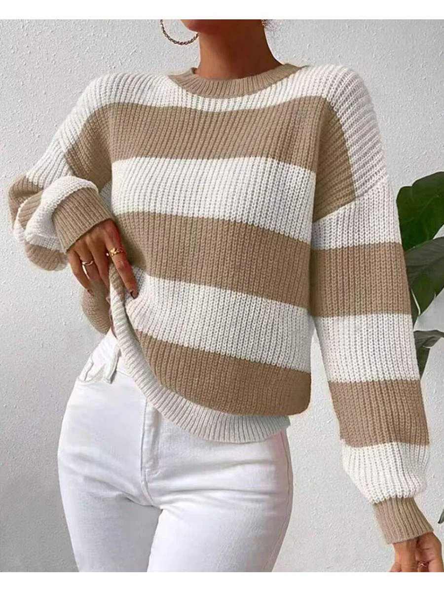 Women's Striped Long Sleeve Crew Neck Sweater - Image 6