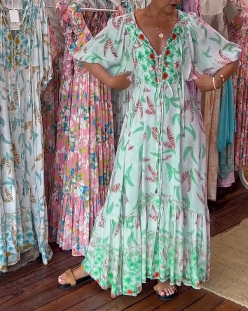 Women's V-neck leaf print maxi dress - Image 30