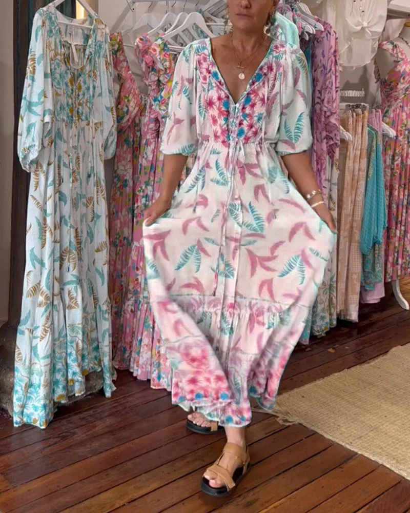 Women's V-neck leaf print maxi dress - Image 33
