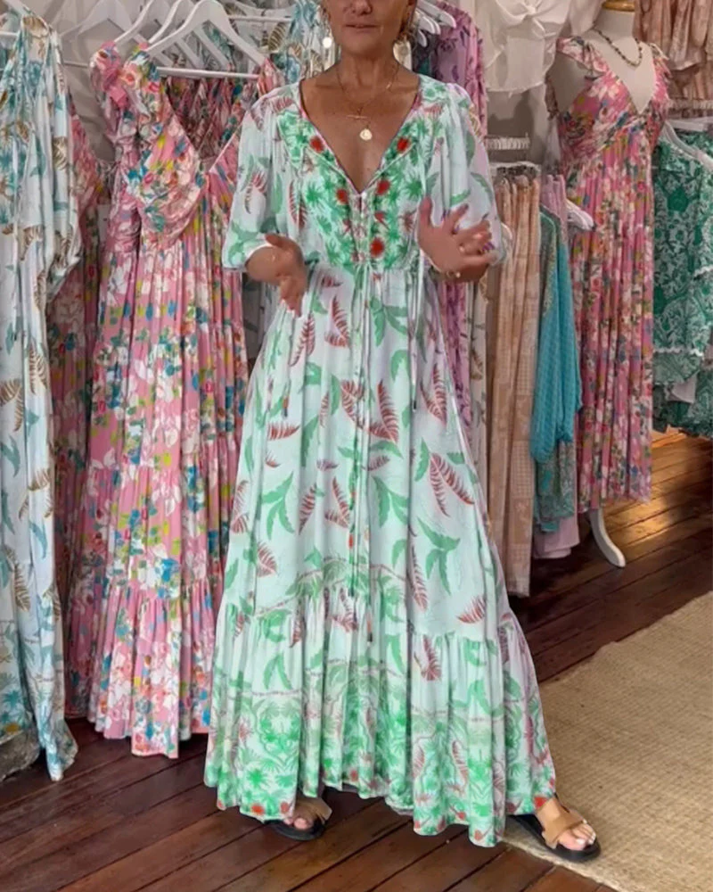 Women's V-neck leaf print maxi dress - Image 44