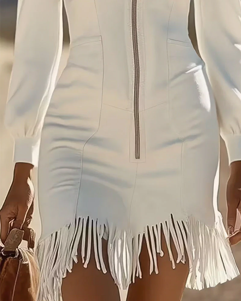 Zippered Collar And Fringed Hem Dress - Image 12